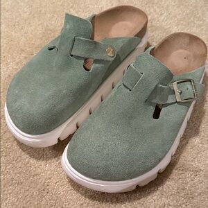 Papillio Green Suede Buckle Clogs